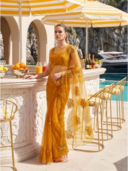 Tikhi Imli - Mustard Colored Sequin Embroidered Saree
