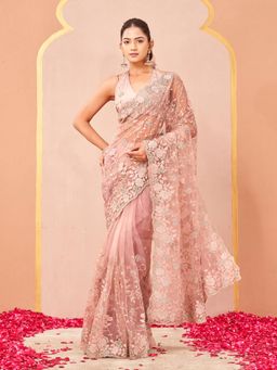 Tikhi Imli - Peach Colored Thread And Jari Embroidered Saree