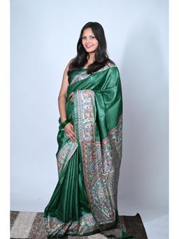 Biyahuti - Emerald Bhagalpuri Tussar Silk Hand Painted Madhubanii Saree With Unstitched Blouse