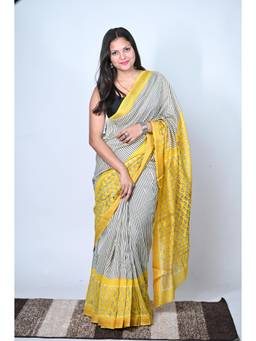 Biyahuti - Womens Mustard Yellow Cotton Silk Hand Block Saree With Unstitched Blouse
