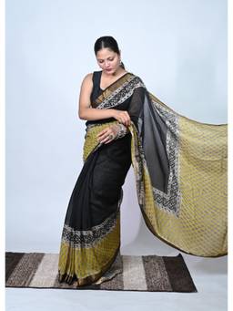 Biyahuti - Womens Black Cotton Silk Hand Block Saree With Unstitched Blouse