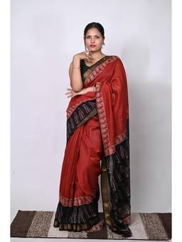 Biyahuti - Womens Rust Red Cotton Silk Hand Block Saree With Unstitched Blouse