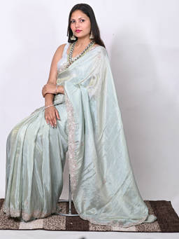 Biyahuti - Womens Silver Hand Embroidery Tissue Saree With Unstitched Blouse