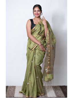 Biyahuti - Womens Olive Matka Tissue Jamdani Handloom Saree With Unstitched Blouse