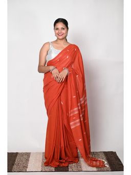 Biyahuti - Womens Burnt Orange Mulmul Cotton Handloom Saree With Unstitched Blouse