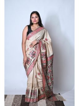 Biyahuti - Womens Ivory Bhagalpuri Tussar Silk Hand Painted Madhubanii Saree With Unstitched Blouse