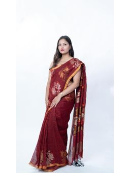 Biyahuti - Womens Maroon Pure Linen By Linen Handloom Jamdani Saree With Unstitched Blouse