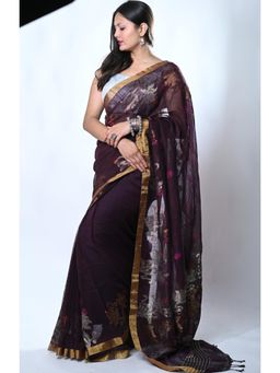 Biyahuti - Womens Dark Plum Pure Linen By Linen Handloom Jamdani Saree With Unstitched Blouse