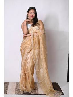 Biyahuti - Womens Gold Pure Tissue Zardozi Pita Work Hand Embroidery Saree With Unstitched Blouse