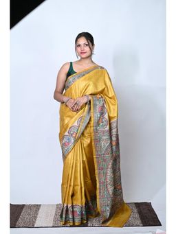 Biyahuti - Womens Bhagalpuri Tussar Silk Hand Painted Madhubanii Saree With Unstitched Blouse