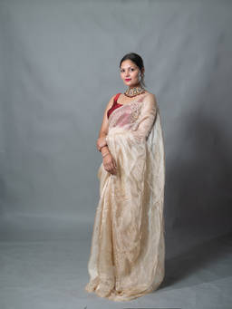 Biyahuti - Womens Cream Hand Embroidery Pure Tissue Saree With Unstitched Blouse