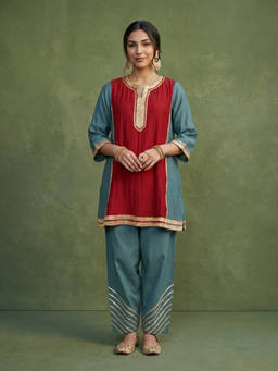 Priya Chaudhary - Teal Chanderi Kurta and Salwar