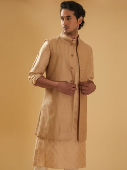 R R Blue - Beige Embroidered Long Waistcoat