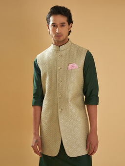 R R Blue - Green Zari And Sequence Embroidered Long Waistcoat