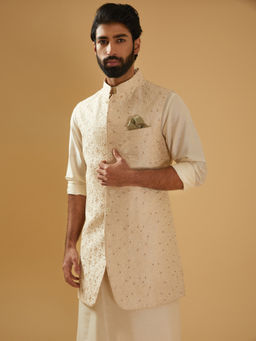 R R Blue - Beige All Over Thread Embroidered Long Waistcoat
