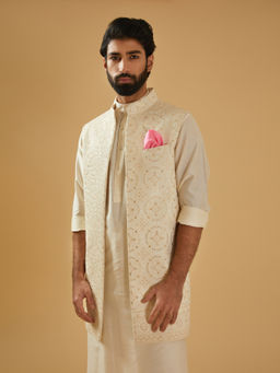 R R Blue - Off White All Over Embroidered Long Waistcoat
