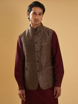 R R Blue - Maroon Embroidered Nehru Jacket