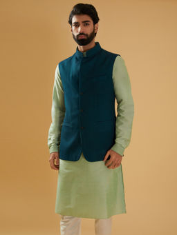 R R Blue - Teal Blue Textured Nehru Jacket