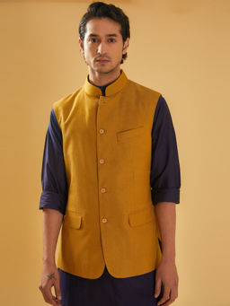 R R Blue - Mustard Woven Nehru Jacket
