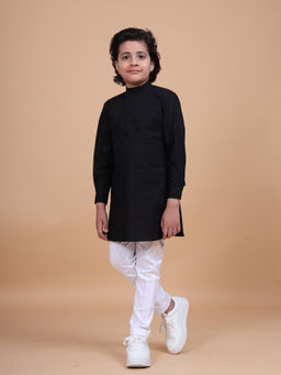 R R Blue - Black Brand Pocket Collar Short Kurta