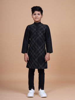 R R Blue - Black Geometrical Stitch Line Textured Kurta
