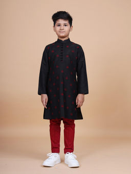 R R Blue - Black The Pintucked Butti Loop Button Kurta
