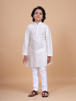R R Blue - White Linear Criss Cross Stitch Textured Kurta