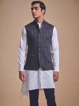 R R Blue - Charcoal The Printed “U” Cut Nehru Jacket