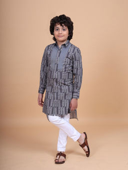 R R Blue - The Asymmetric Grey Printed Long Shirt Kurta