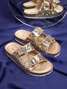 Briskers - Gold Embellished Round Toe Sandals with Buckles