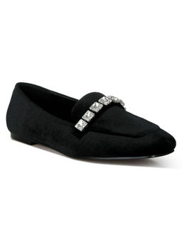 Rag & Co - Black Diamante Strap Velvet Loafers