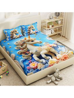 Story@Home - 300 TC Microfiber Double Bedsheet with 2 Pillow Covers Unicorn Print