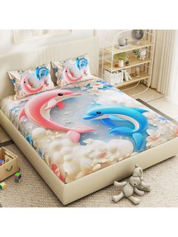 Story@Home - 300 TC Microfiber Double Bedsheet with 2 Pillow Covers Dolphin Print