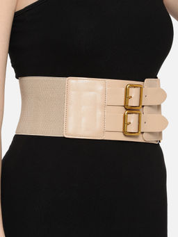 Twenty Dresses by Nykaa Fashion - Beige Solid Elasticated Dual Buckle Broad Waist Belt