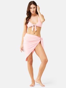 Secrets By ZeroKaata - Women Stretchable Ribbed Halter Swim Bikini Set with Sarong