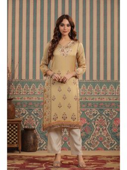 Scakhi - Beige Satin Floral Print Kurta with Pant (Set of 2)