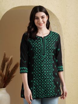ADA - Women Black & Green Ethnic Motifs Embroidered Chikankari Kurti