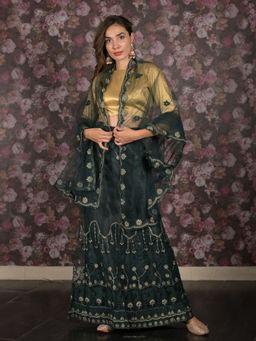 Odette - Dark Green Embroidered Semi-Stitched Lehenga with Unstitched Blouse and Dupatta (Set of 3)