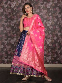 Odette - Navy Blue Woven Semi-Stitched Lehenga with Unstitched Blouse and Dupatta (Set of 3)