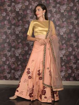 Odette - Peach Hand Printed Semi-Stitched Lehenga with Unstitched Blouse and Dupatta (Set of 3)
