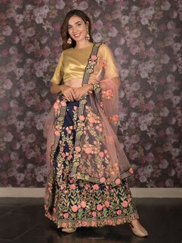 Odette - Navy Blue Embroidered Semi-Stitched Lehenga with Unstitched Blouse and Dupatta (Set of 3)