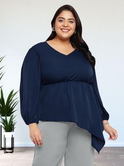 Martini - Navy Blue Curve Plus Size Asymmetric Top