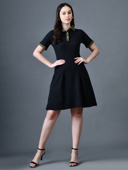 MYSHKA - Black A-Line Shirt Collar Solid Above Knee Short Sleeves Dress
