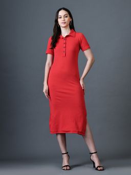 MYSHKA - Red A-Line Shirt Collar Solid Midi Short Sleeves Dress