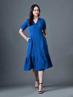 MYSHKA - Blue A-Line V-Neck Solid Knee Length Short Sleeves Dress