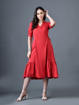 MYSHKA - Red A-Line V-Neck Solid Knee Length Short Sleeves Dress