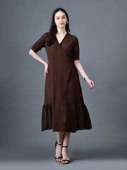 MYSHKA - Brown A-Line V-Neck Solid Knee Length Short Sleeves Dress