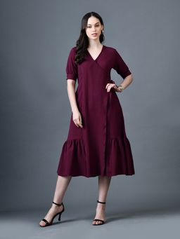 MYSHKA - Magenta A-Line V-Neck Solid Knee Length Short Sleeves Dress