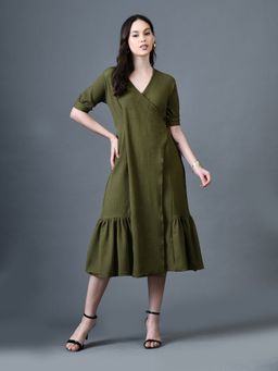 MYSHKA - Olive A-Line V-Neck Solid Knee Length Short Sleeves Dress