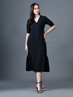 MYSHKA - Black A-Line V-Neck Solid Knee Length Short Sleeves Dress